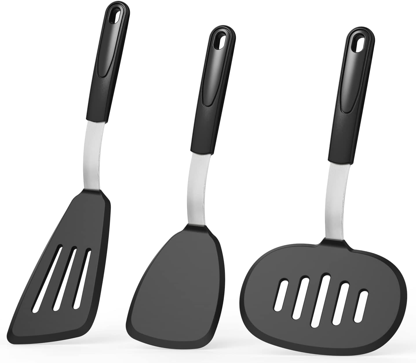 Silicone Spatula Turner Set of 3, 600°F Heat Resistant Cooking Spatulas for Nonstick Cookware, Extra Large Flexible Kitchen Utensils for Frying, Cooking, Baking, Black