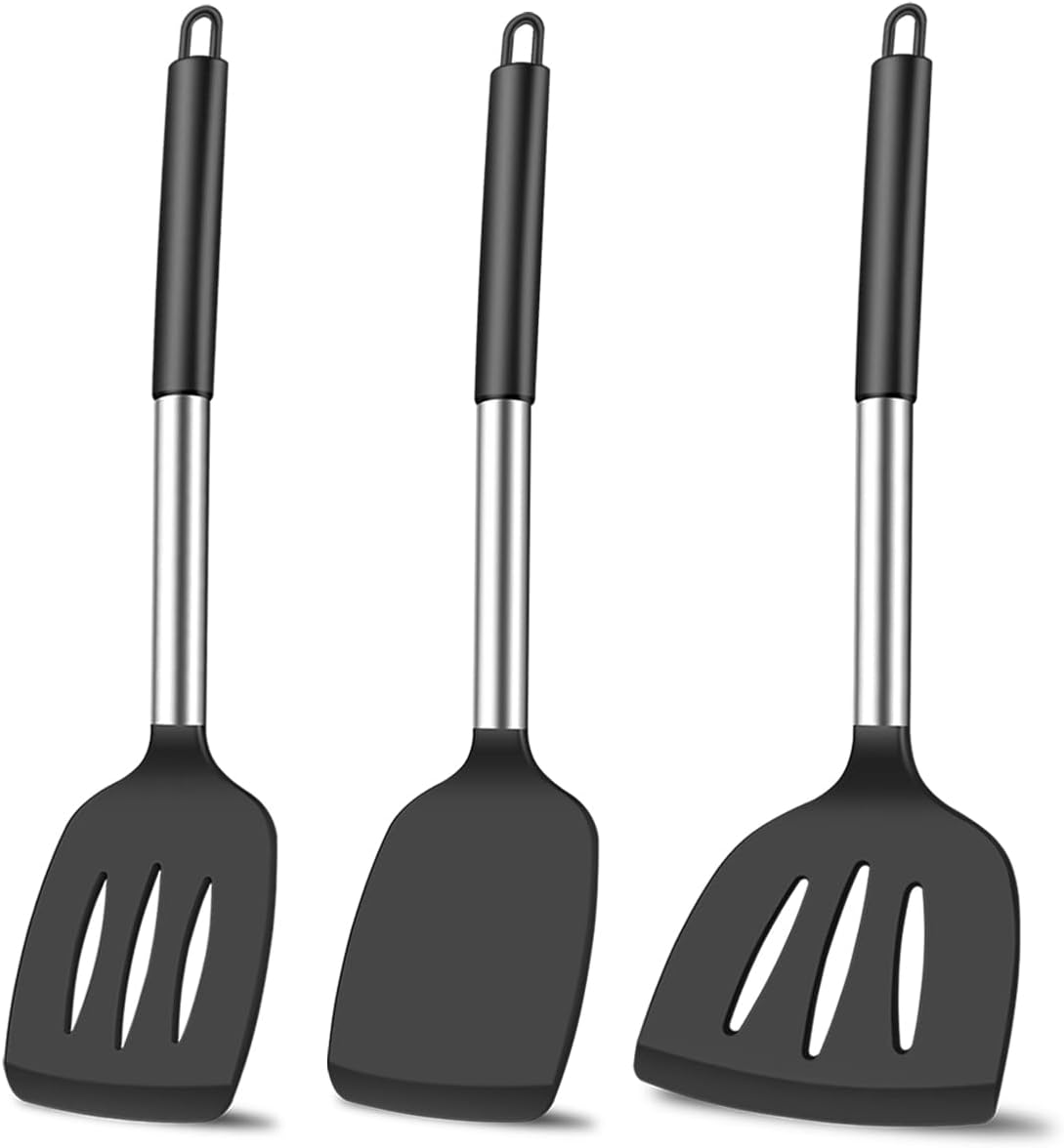 3Pcs Spatula Silicone Spatula Turner Set Fish Spatulas Silicone Heat Resistant Spatulas for Nonstick Cookware Rubber Wok Spatula, Long Large Spatula Silicone Cooking Use Kitchen Utensils Set