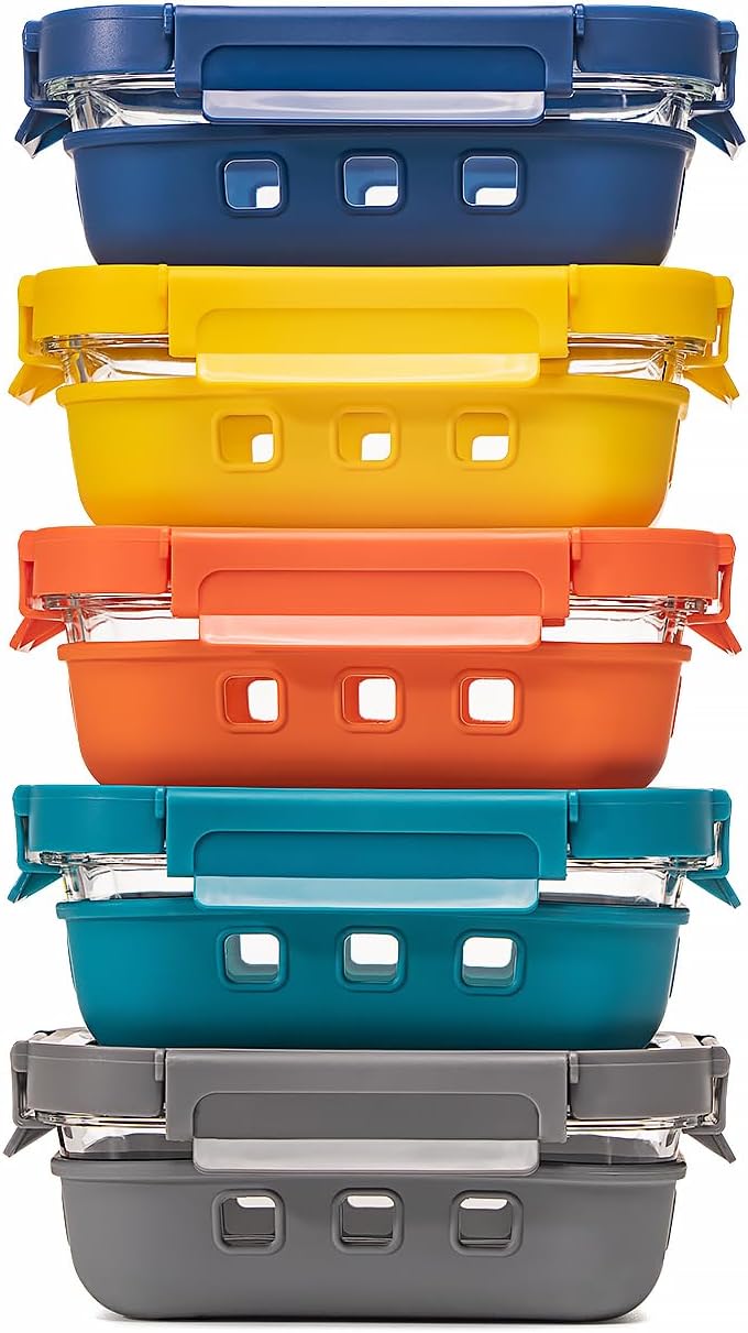 Glass Food storage container with Glass lids Glass Bento Box Set Lunch box Eco Friendly Meal Prep Containers Airtight – Plastic Free, silicon sleeve BPA Free 4.4cup/ 5 * 1050ml