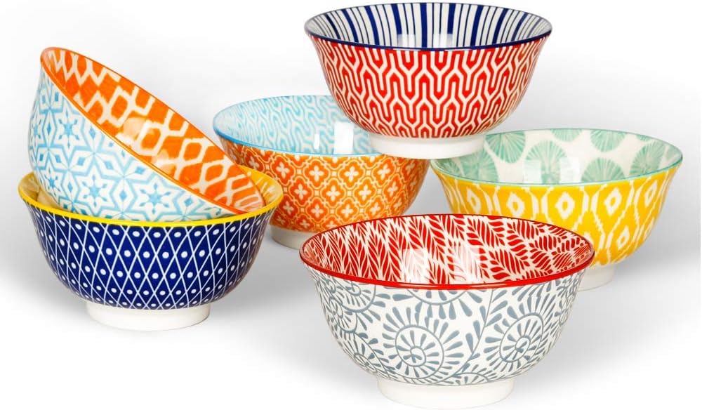 Ceramic Bowls Set - 10 oz Serving Bowls For Kitchen - Cereal, Ice Cream, Soup, Salad, Rice, Dessert Ceramic Bowls - Assorted Colorful Set of 6 - Microwave Dishwasher Safe - 5 Inch