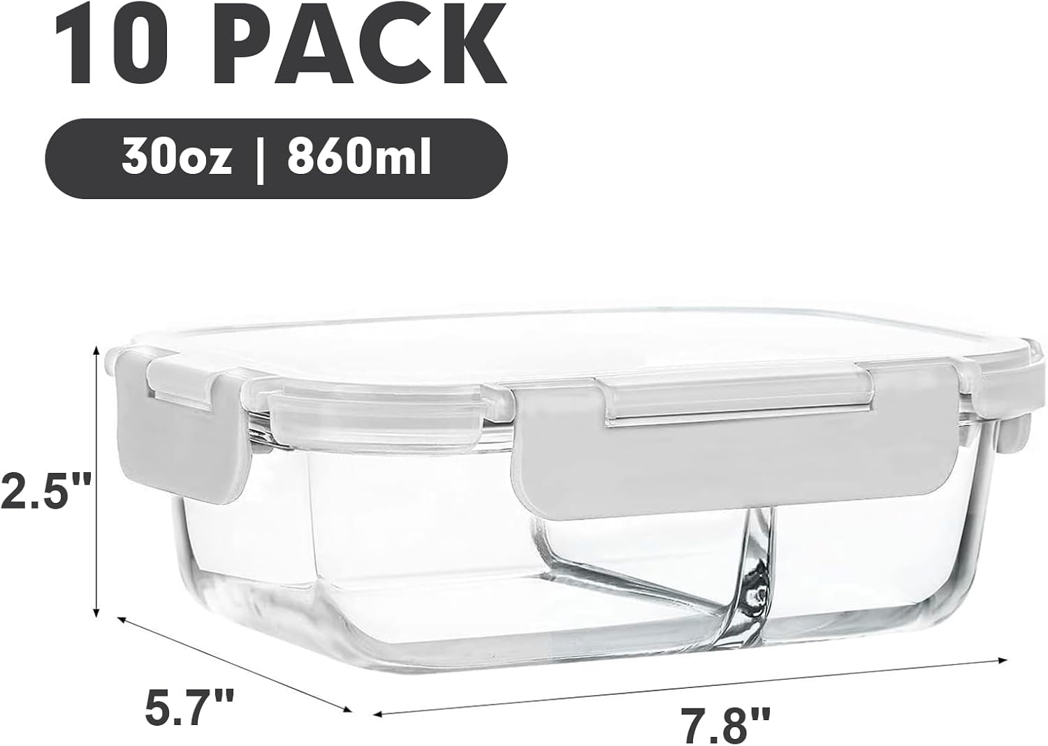 [10-Pack,30 Oz Glass Meal Prep Containers 2 Compartments Airtight Lunch Bento Boxes with Lids, Glass Food Storage Containers, Microwave, Oven, Freezer and Dishwasher, White - Image 2
