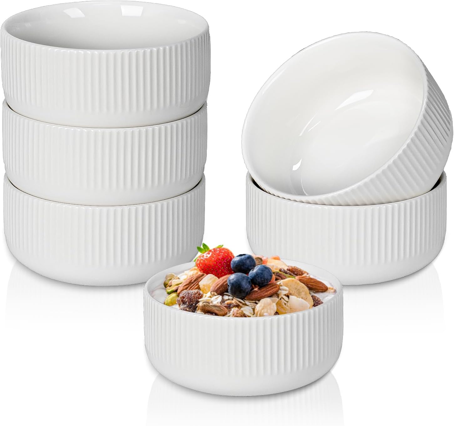 Ceramic bowls for Kitchen - Set of 6, 14 oz Cereal Bowl Set, 4.5" Small Soup Bowls, White Ceramic Bowls for Dessert, Salad, Pasta, Soup etc, Microwave, Dishwasher & Oven Safe
