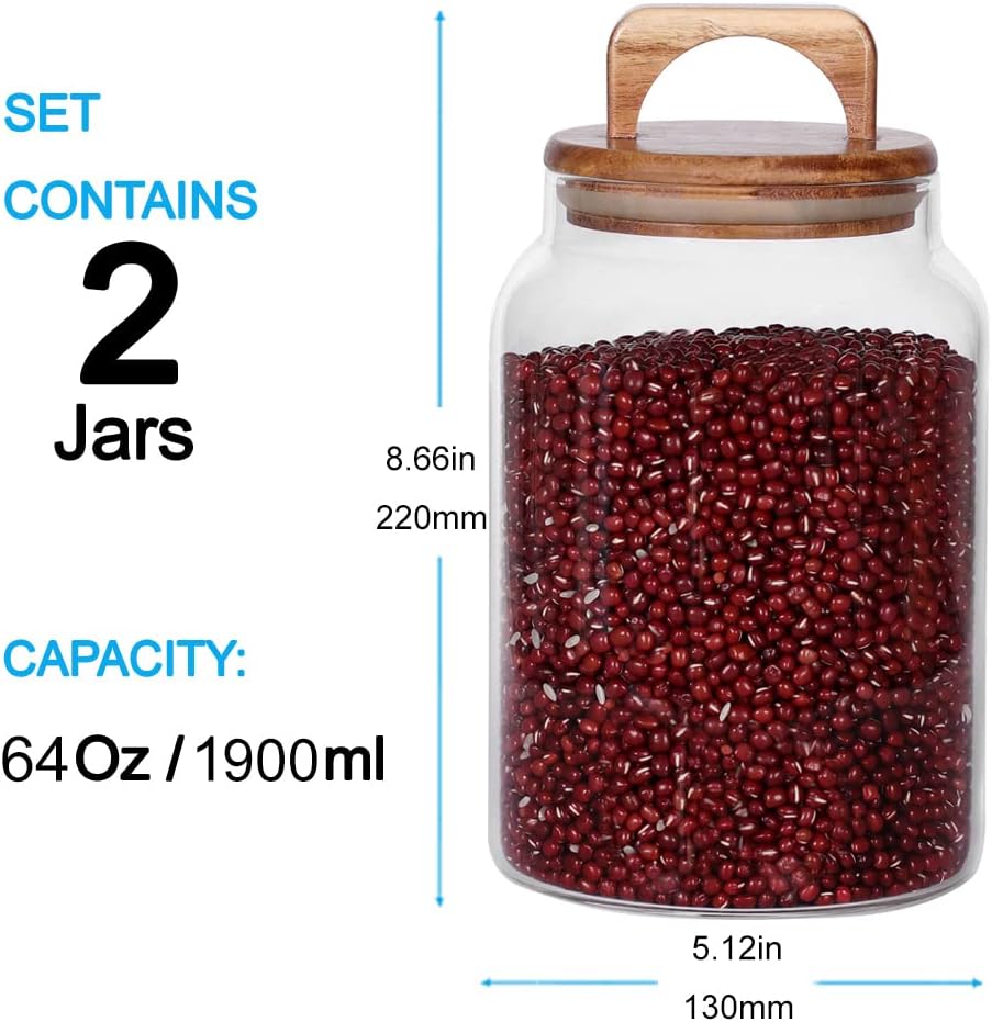 Canister Set of 2, Glass Kitchen Canisters with Airtight Acacia Lid, Tall Clear Airtight Food Storage Jar, Kitchen Pantry Storage Container for Noodles Flour Cereal Coffee