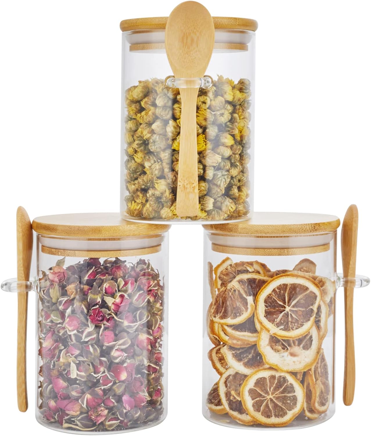3 Pack Glass Containers Jars with Bamboo Airtight Lid and Spoon, 15Oz Glass Food Storage Canisters, Kitchen Organization Jar Set for Coffee Beans, Tea, Flour, Salt, Nuts, Candy, Cookie and More