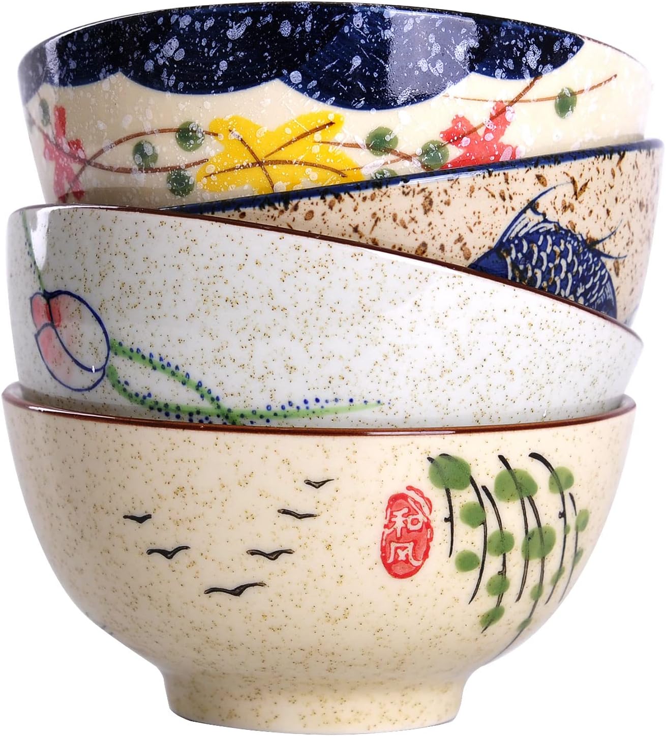 4.5 inch Set in 4 Retro Chinese Japanese Creative Hand-painted Floral Cereal Ceramic Soup Rice Bowl