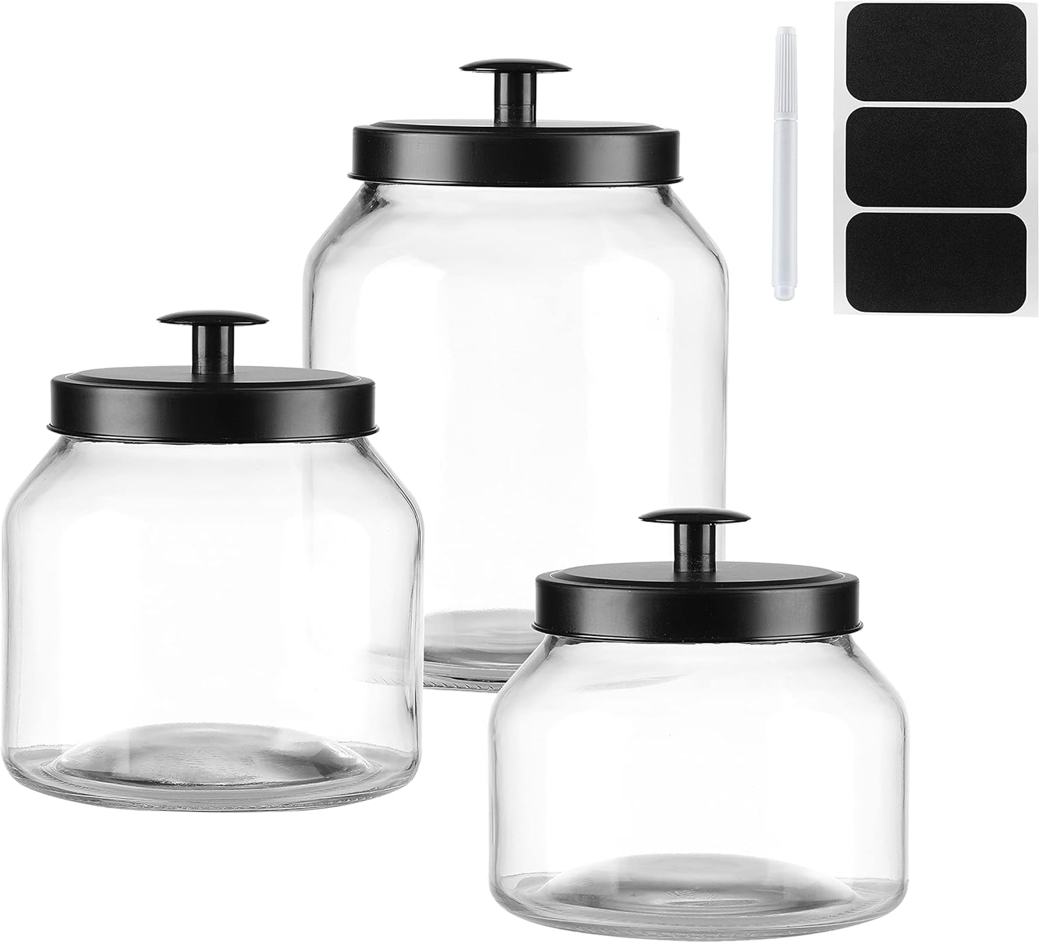 Clear Glass Kitchen Canister Set, Cookie Jar, Food Storage Container, Bathroom Jar with Metal Airtight Lid (Black)