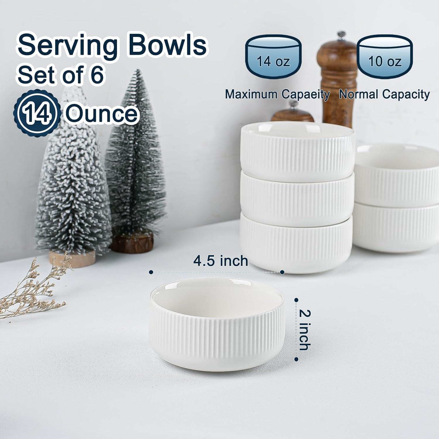Ceramic bowls for Kitchen - Set of 6, 14 oz Cereal Bowl Set, 4.5" Small Soup Bowls, White Ceramic Bowls for Dessert, Salad, Pasta, Soup etc, Microwave, Dishwasher & Oven Safe - Image 2