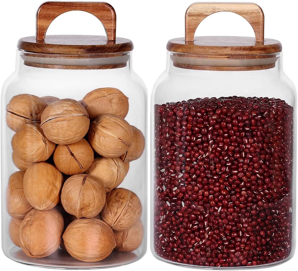 Canister Set of 2, Glass Kitchen Canisters with Airtight Acacia Lid, Tall Clear Airtight Food Storage Jar, Kitchen Pantry Storage Container for Noodles Flour Cereal Coffee