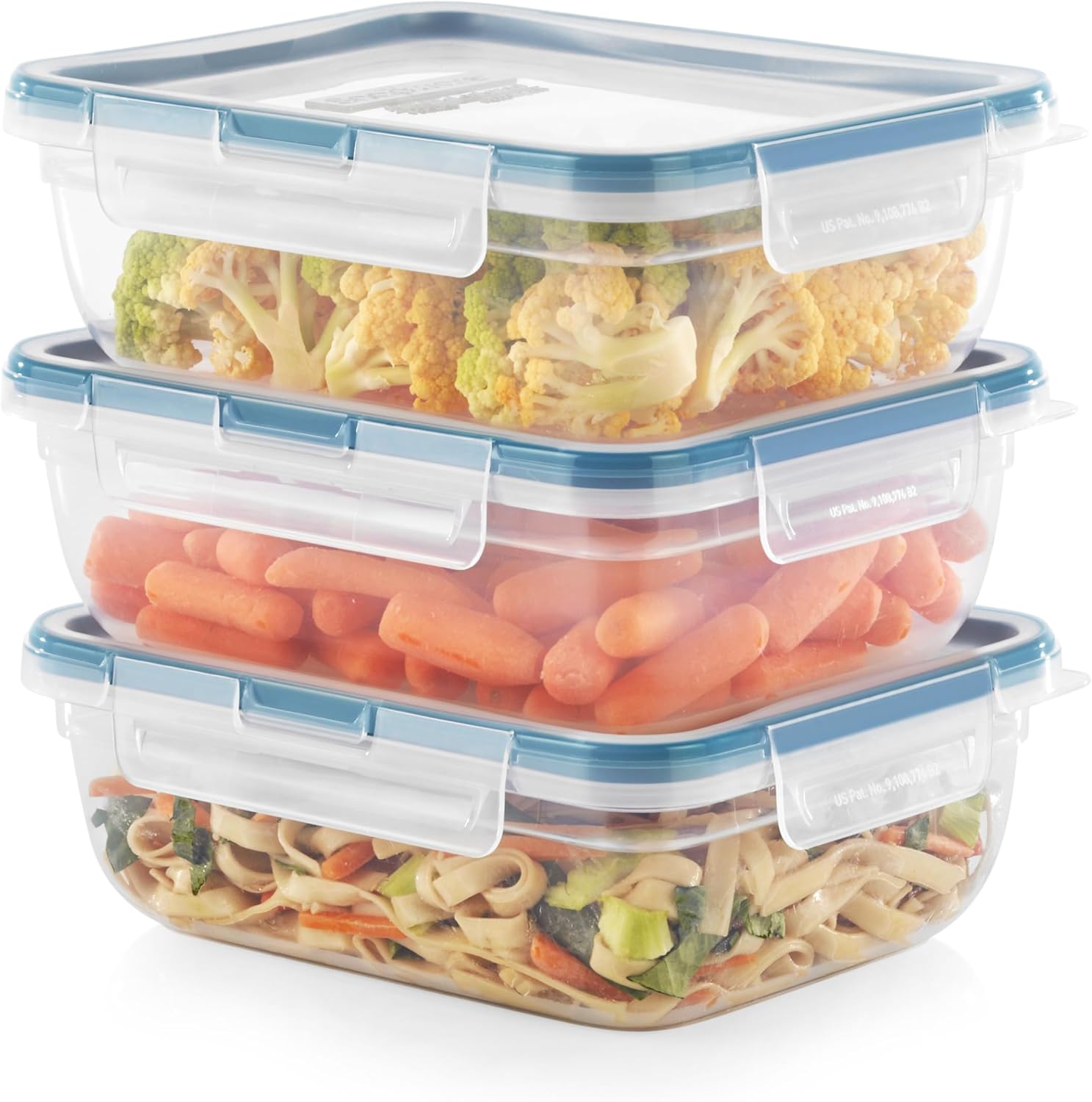 3-Pack (8.5-Cup) Plastic Food Storage Containers Set, Leakproof & Airtight Locking Lids Rectangular Tupperware, Non-Toxic BPA-Free Lids, Microwave Dishwasher Freezer Safe