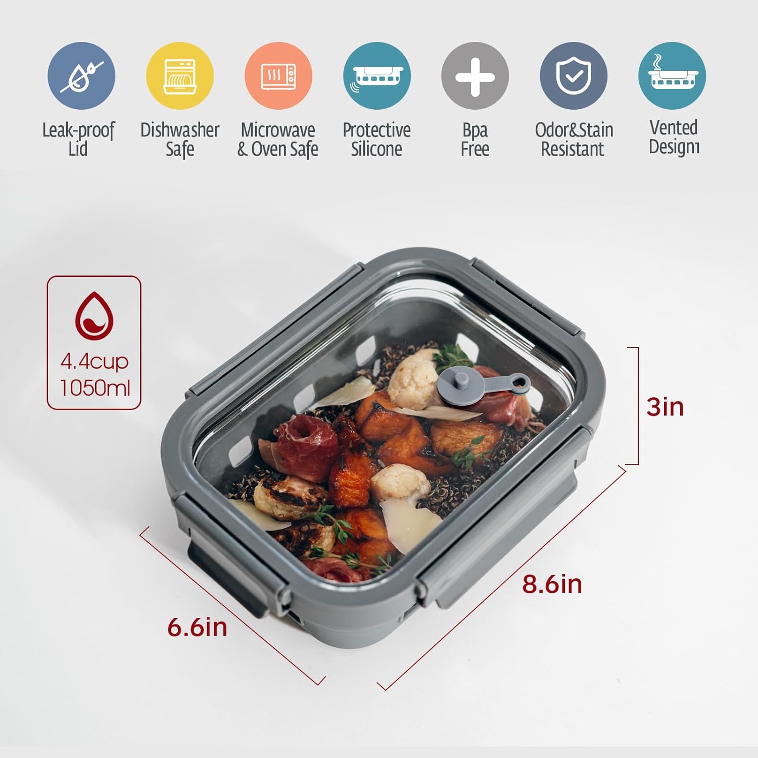Glass Food storage container with Glass lids Glass Bento Box Set Lunch box Eco Friendly Meal Prep Containers Airtight – Plastic Free, silicon sleeve BPA Free 4.4cup/ 5 * 1050ml