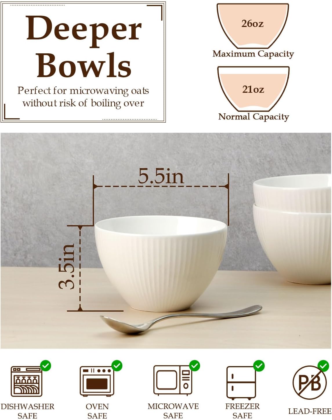 5.5x3.5 in Soup Bowls, 25 oz Deep Cereal Bowl Set, Ceramic, Microwave Safe Bowl, Set of 4 White Bowl for Oatmeal Chili Salad