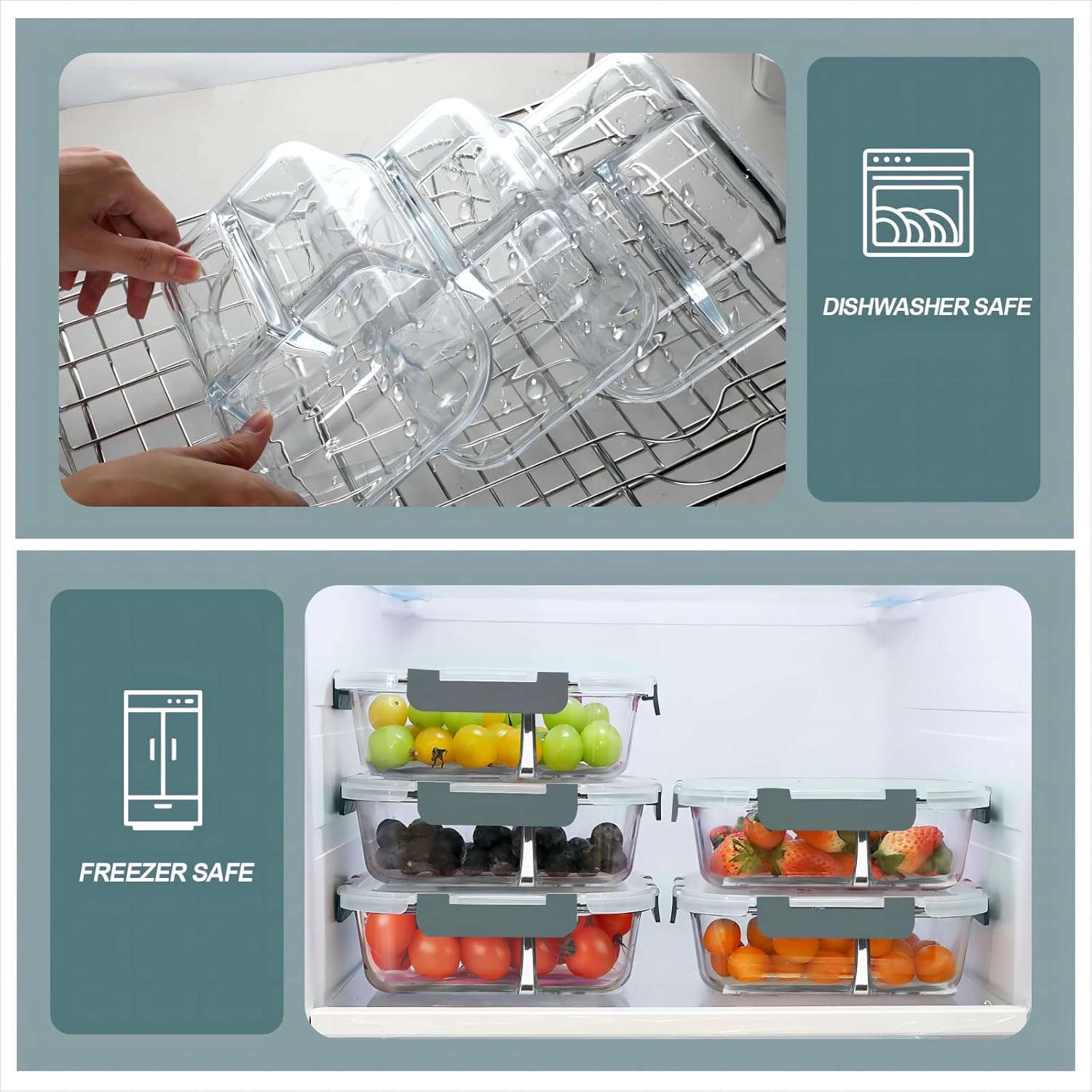 Glass Meal Prep Containers 3 Compartments, 5 Pack 36 oz, Glass Food Storage Containers with Lids, Airtight Lunch Bento Box, Portion Control, Freezer and Microwave Safe - Image 2