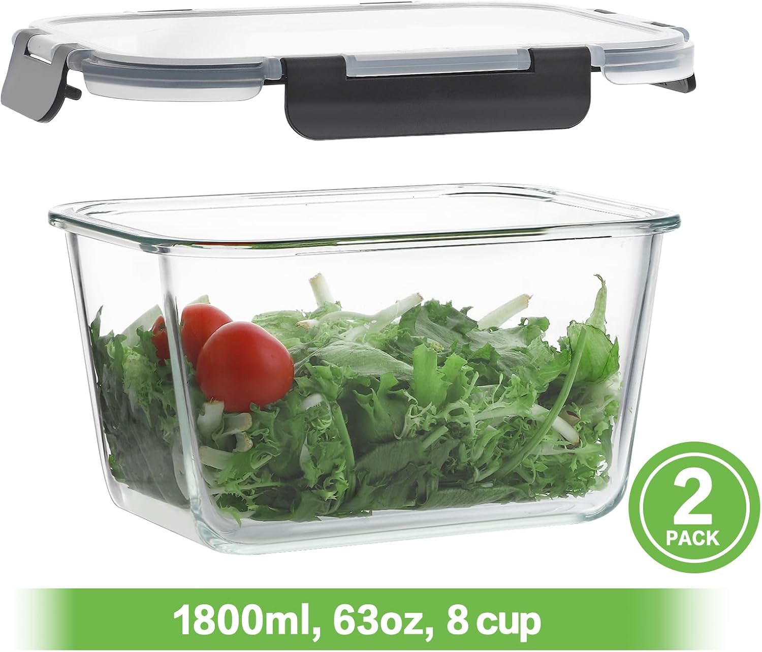 4 Pieces 63oz/8cup Large Glass Food Storage Containers with Lids, Meal Prep Containers, Airtight Bento Boxes with Leak Proof Locking (2 Containers + 2 Lids) - Microwave, Oven Safe - Image 2