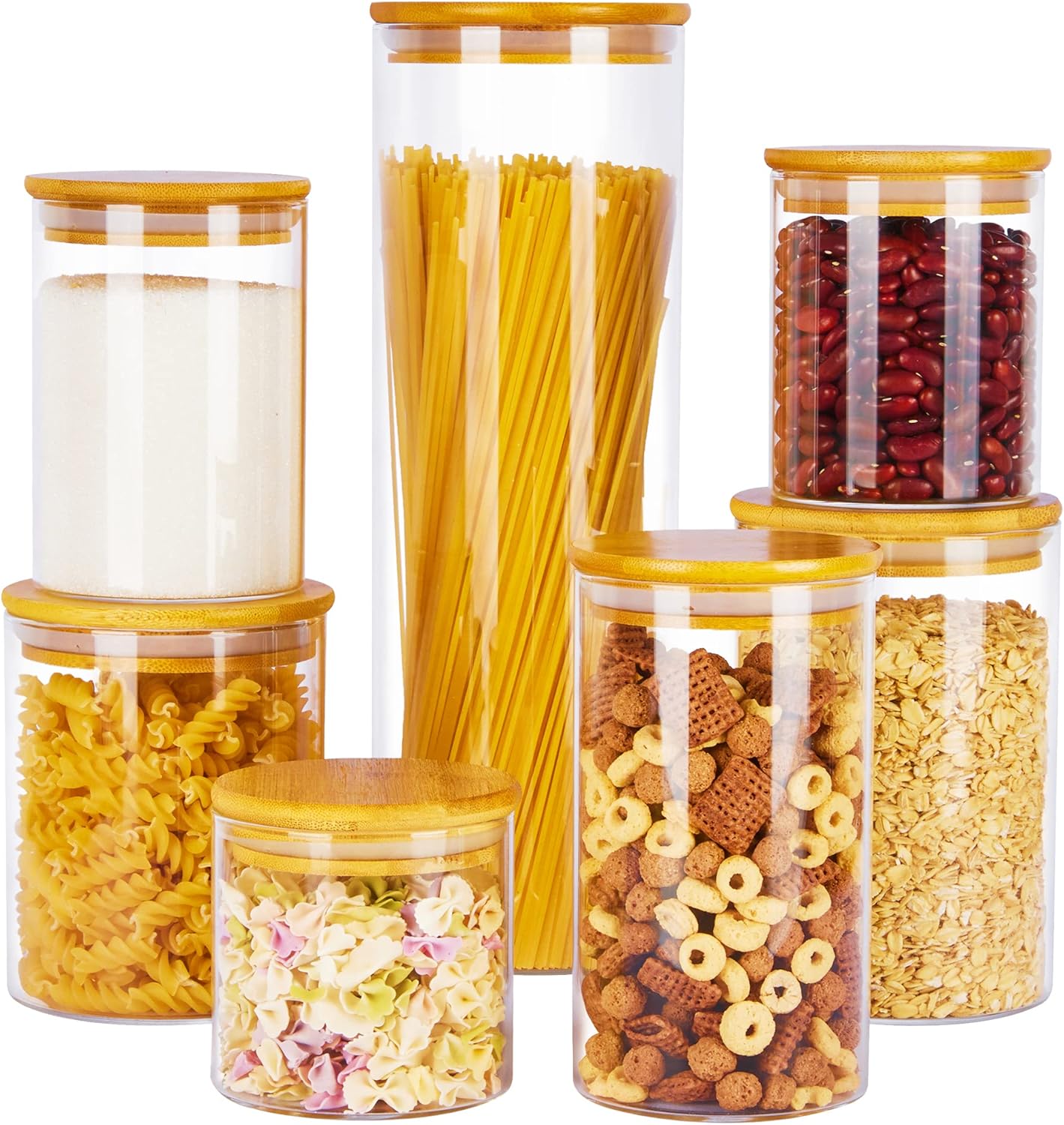 Glass Food Storage Jars, 7 Pack Food Containers with Airtight Bamboo Wooden Lids for Pasta, Cookies, Nuts, Coffee Beans, Cereal, Glass Canisters for Kitchen, Pantry Organization, BPA Free