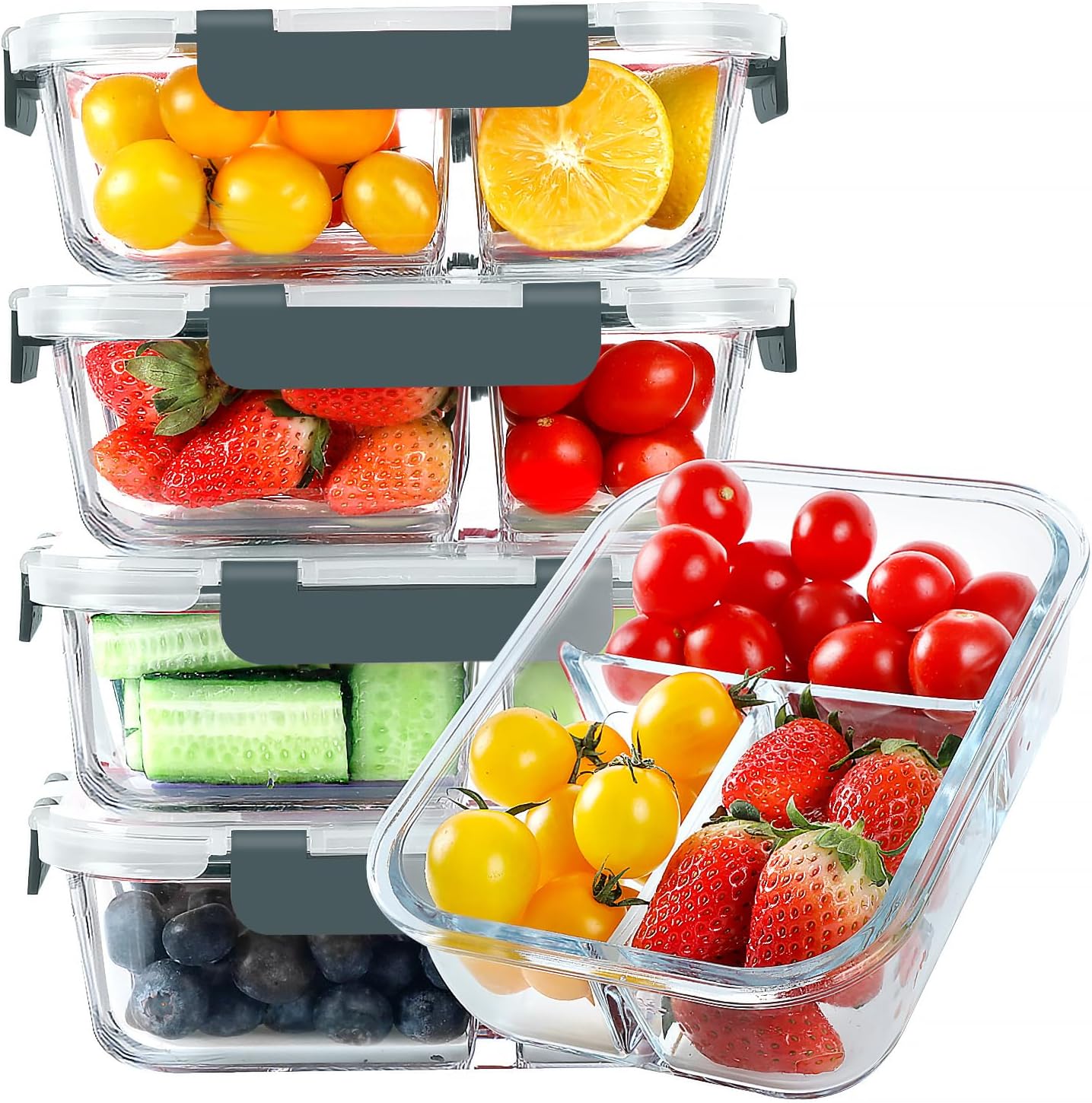 Glass Meal Prep Containers 3 Compartments, 5 Pack 36 oz, Glass Food Storage Containers with Lids, Airtight Lunch Bento Box, Portion Control, Freezer and Microwave Safe