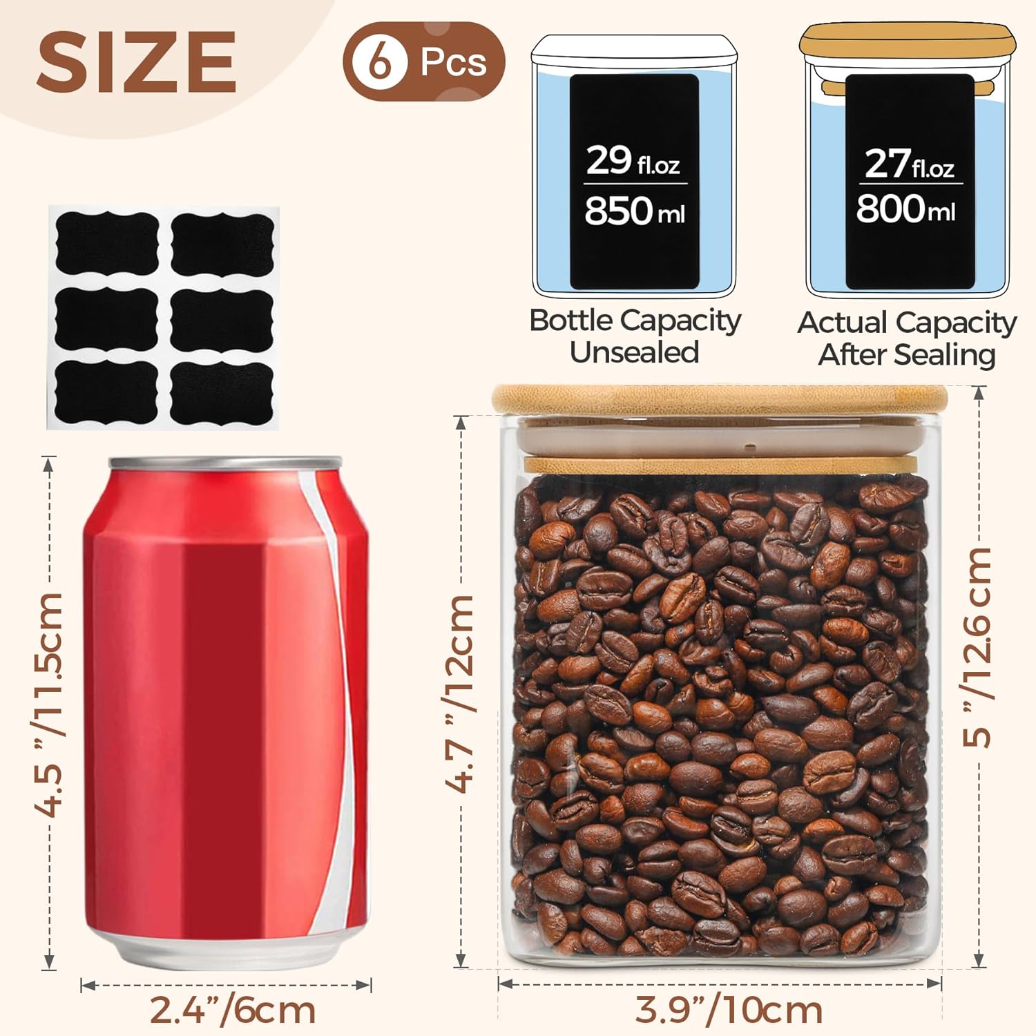 27 oz Glass Food Storage Jars Set of 6, Clear Storage Containers with Airtight Lids, Pantry Organization Jar, Spice Jar, Blooming Tea, Oat, Coffee and Sugar Container, Canister Set for Kitchen