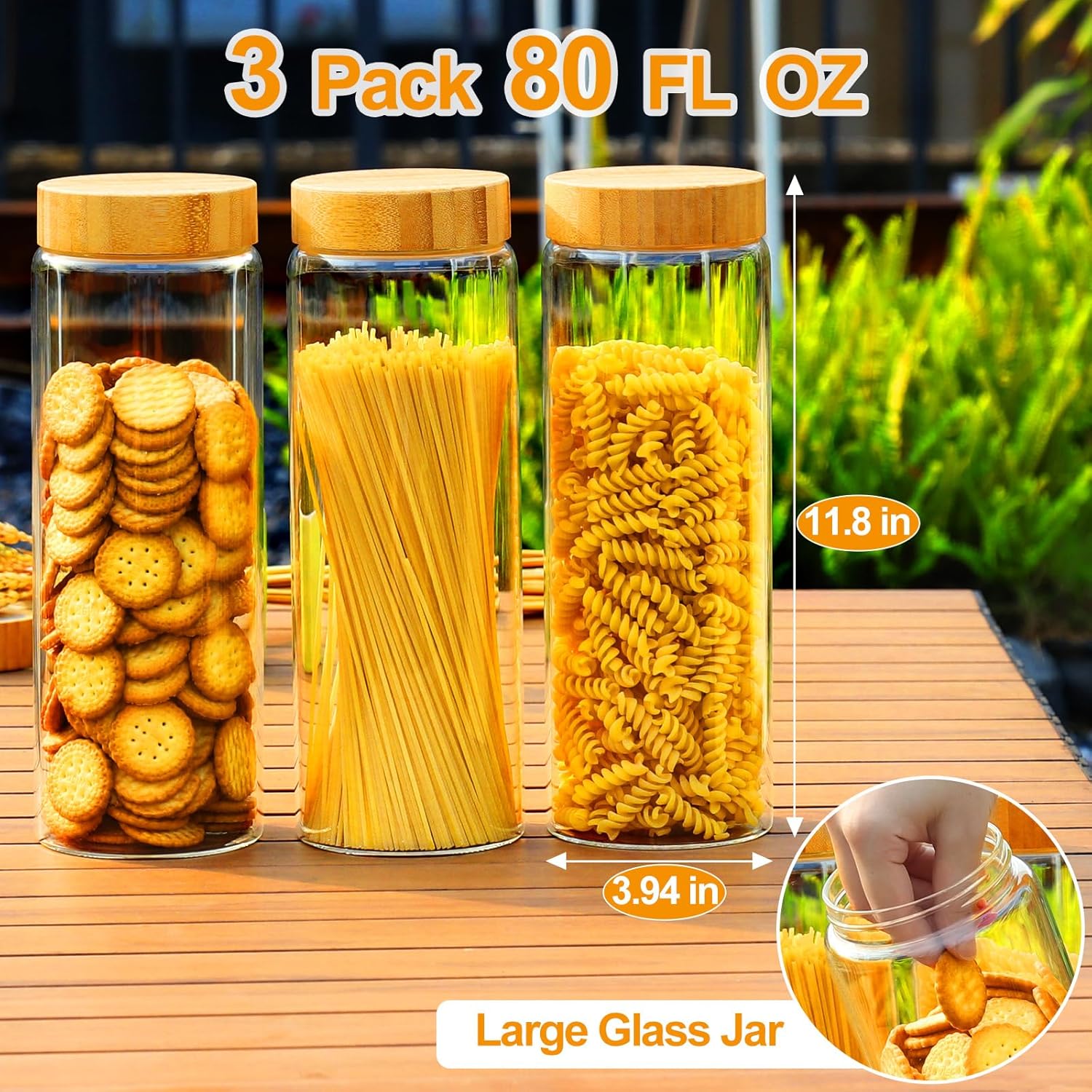 Glass Jars with Airtight Lid,Glass Jar with Bamboo Lid,Glass Canisters with Airtight Lids, 3 Pack 80oz Glass Cereal Containers Storage,Glass Cookie Jars,Pasta Containers,Screw On Kitchen Jars - Image 2