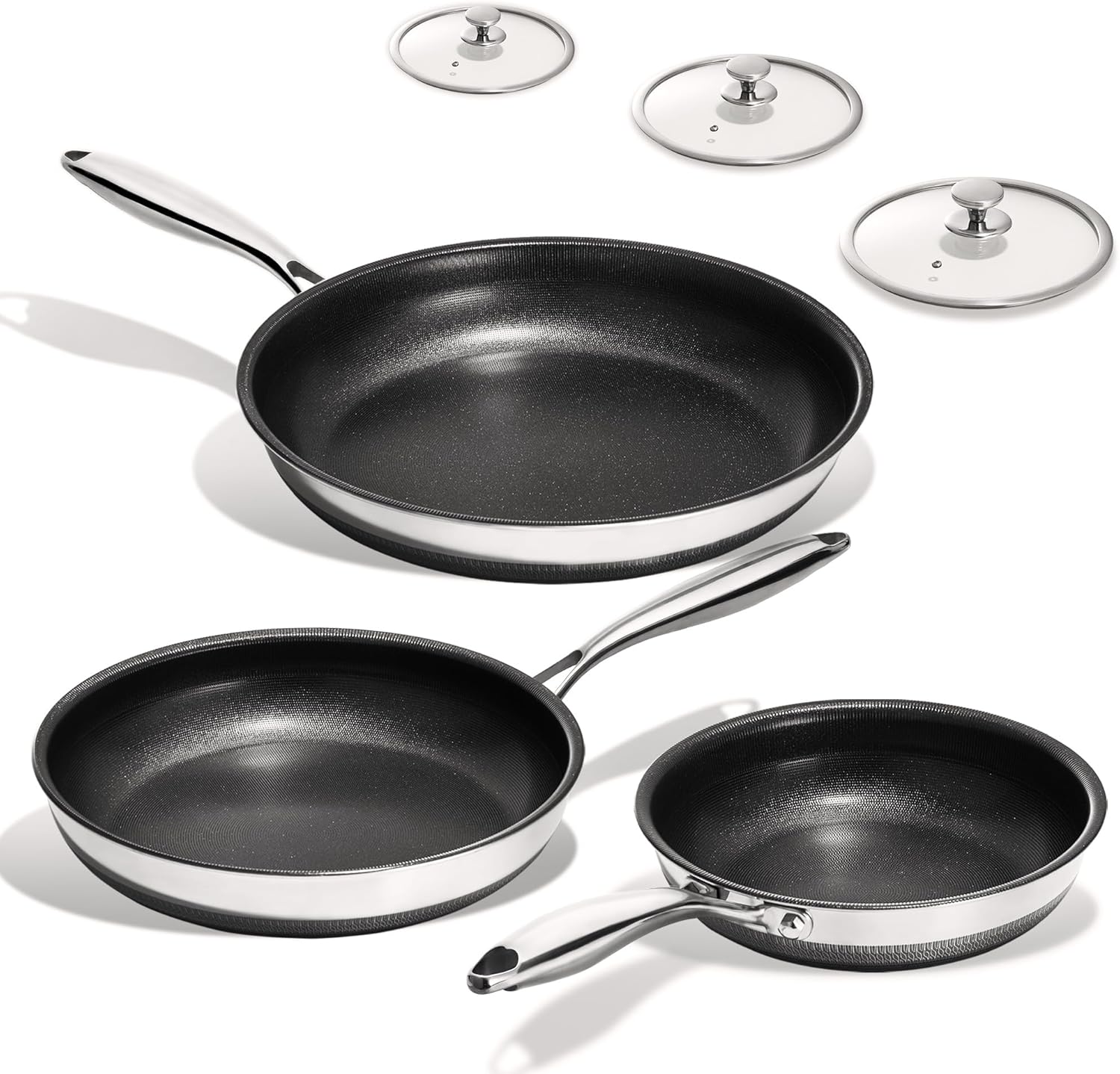 Non Stick Frying Pans Set - 3 Piece (8, 10, 12") Titanium Ceramic Pan with Lids, Nonstick Skillet Stainless Steel, PFAS PFOA & PTFE Free, Dishwasher & Oven Safe, All Cooktops Compatible