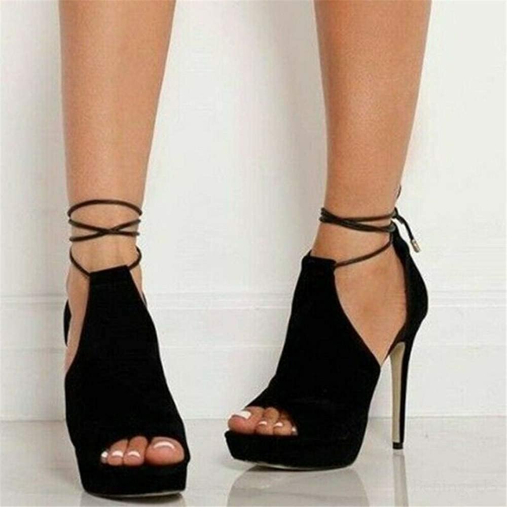 Womens Peep Toe Platform Heels Sexy Sandals Strappy Lace Up Tie Stilettos Dress Pumps Shoes - Image 2