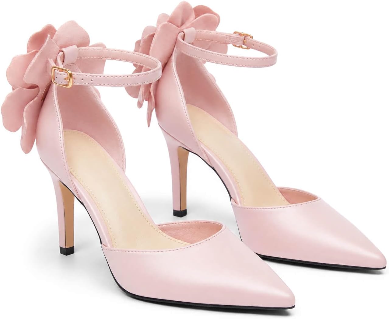 Women's Closed Pointed Toe Heels Flower Ankle Strap Pumps Dressy High Heel Wedding Party Shoes