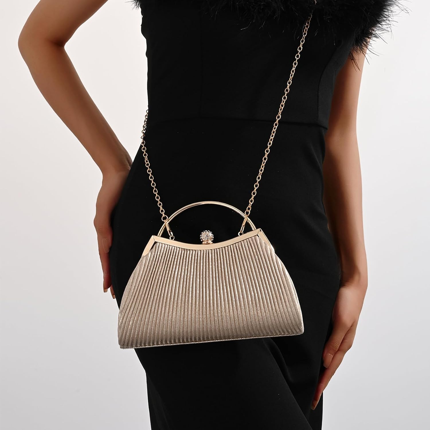 Evening Bag for Women Sparkly Handbag with Chain, Women's Shoulder Bag Pleated Clutch Purse for Wedding, Prom, Party - Image 2