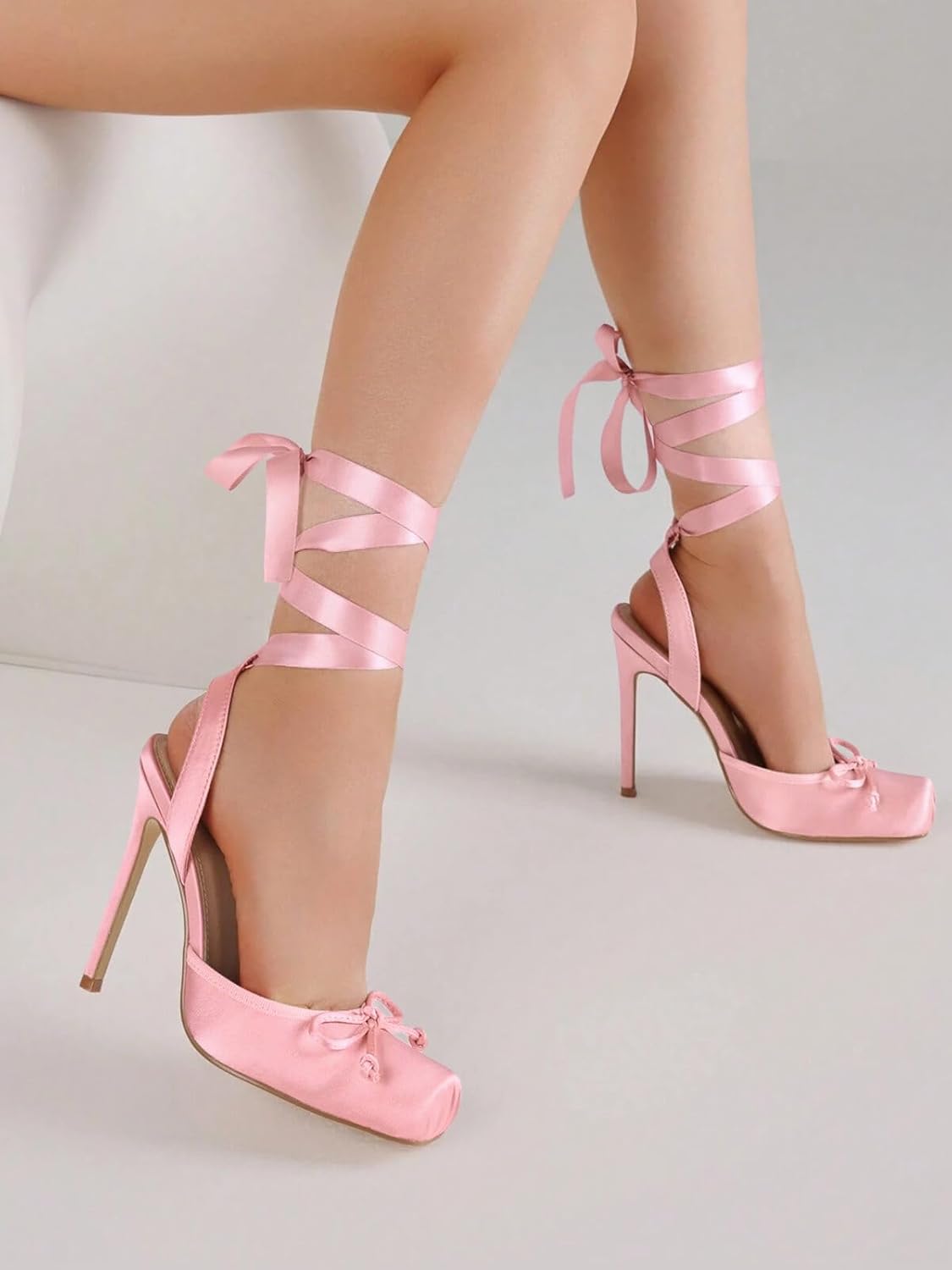 Womens Ballet High Heels Satin Closed Square Toe Ballerina Heels Lace Up Bow Pumps Prom Shoes - Image 2