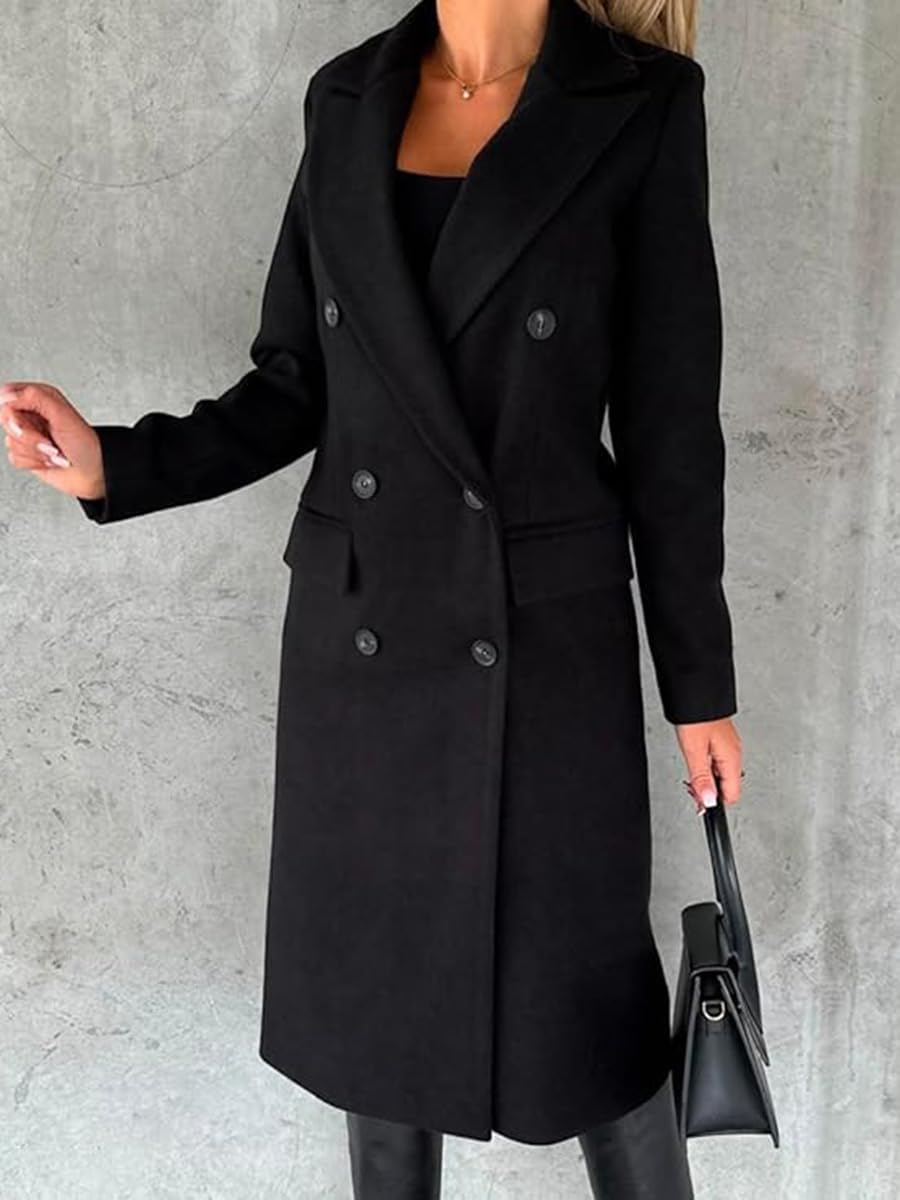 Womens Long Wool Coat Double Breasted Trench Coat Fall Winter Clothes - Image 2