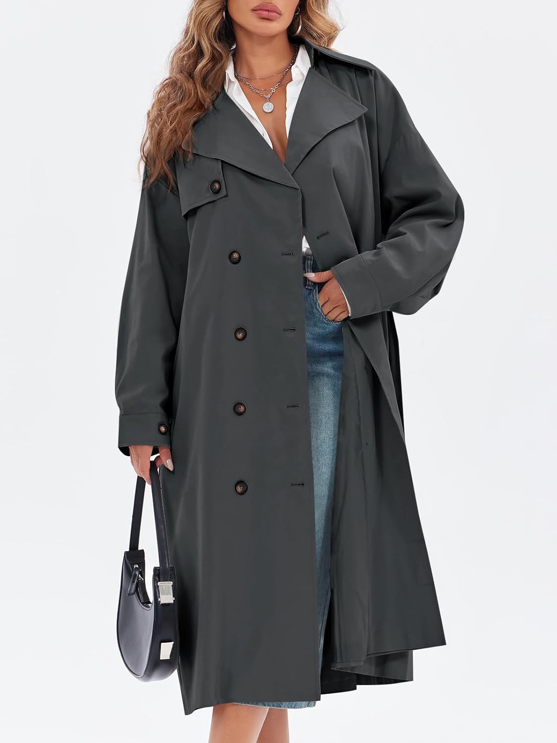 Womens Double Breasted Long Trench Coat Oversized Classic Lapel Belted Overcoat - Image 2