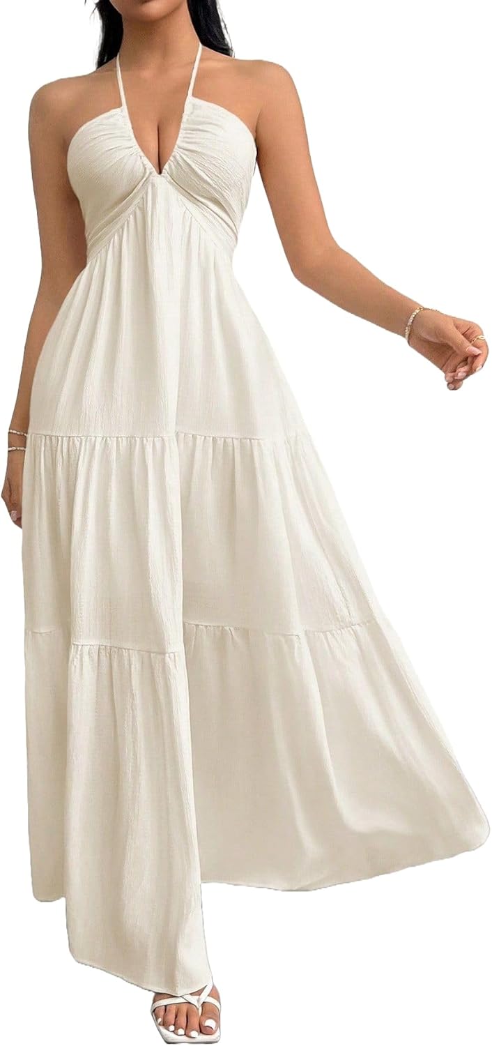 Women's Maxi Summer Dresses Halter V Neck Beach Dresses for Women A-Line Casual Dress for Vacation - Image 2