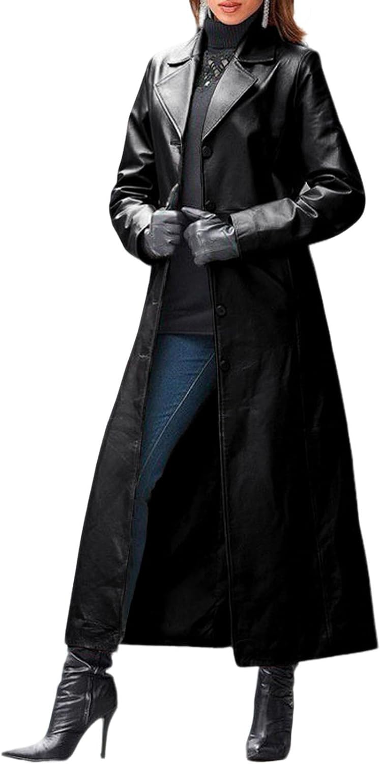 Womens Faux Leather Trench Coat Classic Lapel Button Down Maxi Jacket Stylish Overcoat