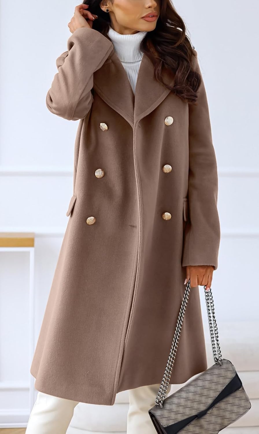 Women's Winter Lapel Double Breasted Office Work Long Wool Pea Coat Overcoat - Image 2