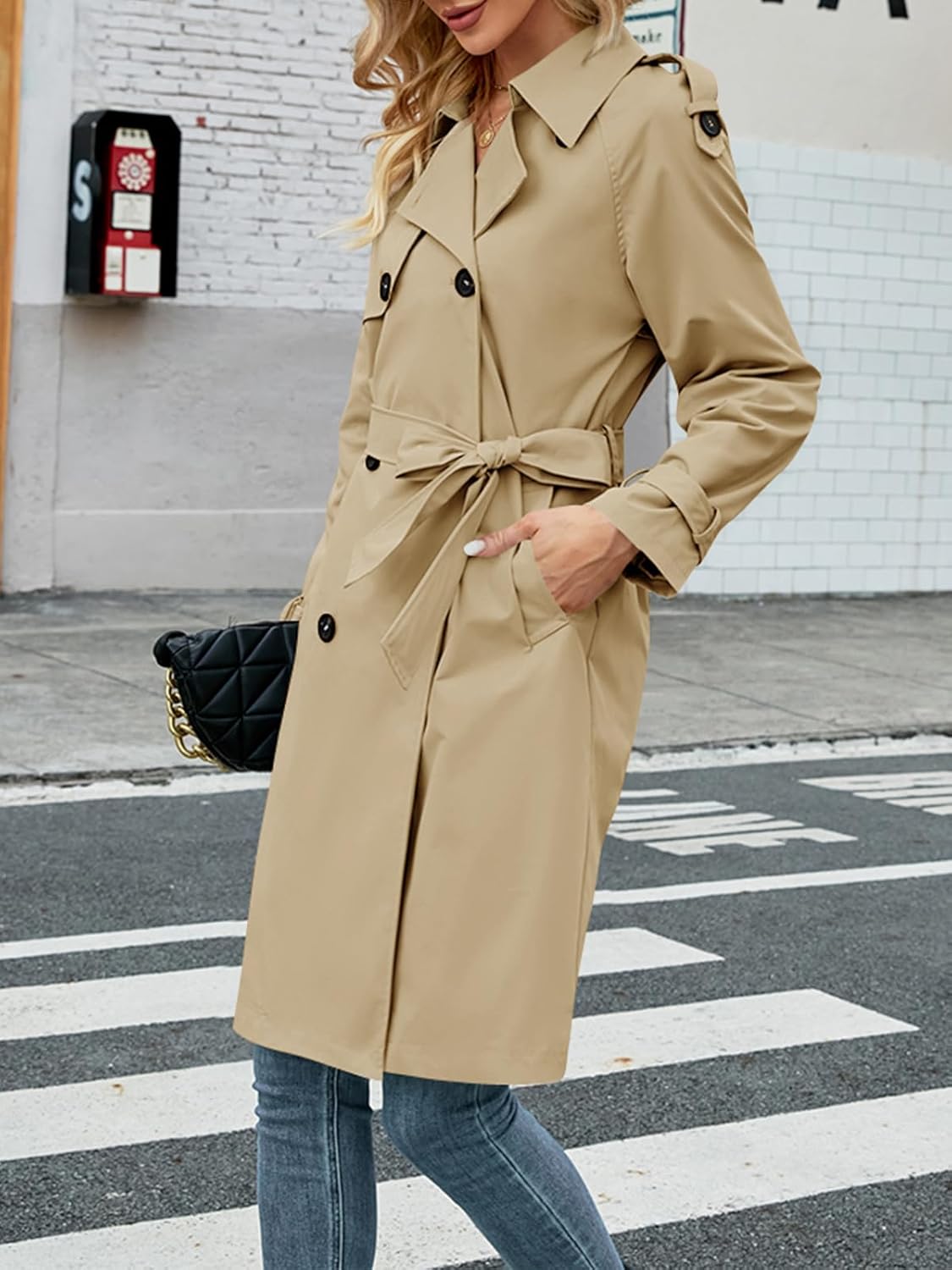 Women's Double Breasted Long Trench Coat Windproof Classic Lapel Slim Overcoat with Belt - Image 2
