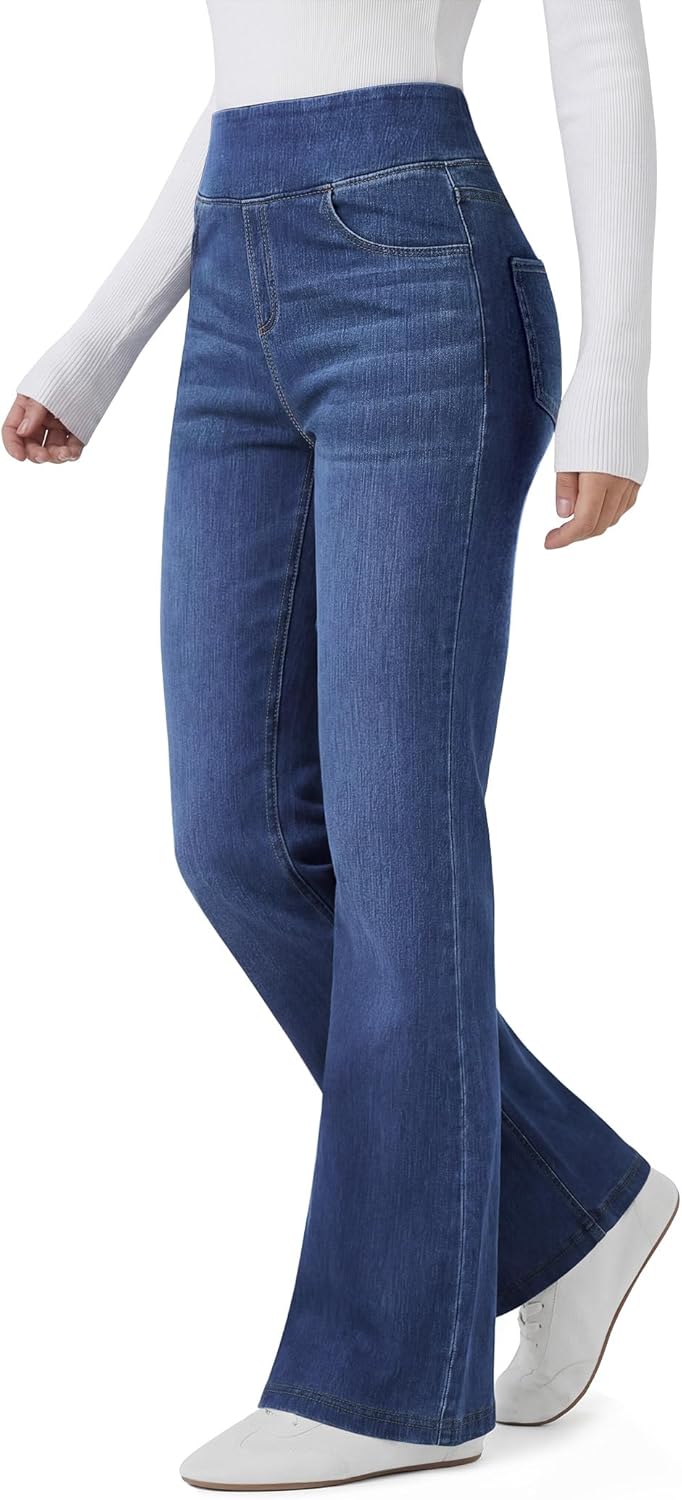 Women’s Trendy Stretchy Flare Jeans High Waisted Wide Leg Bootcut Jeans Pull On Casual Loose Denim Pants