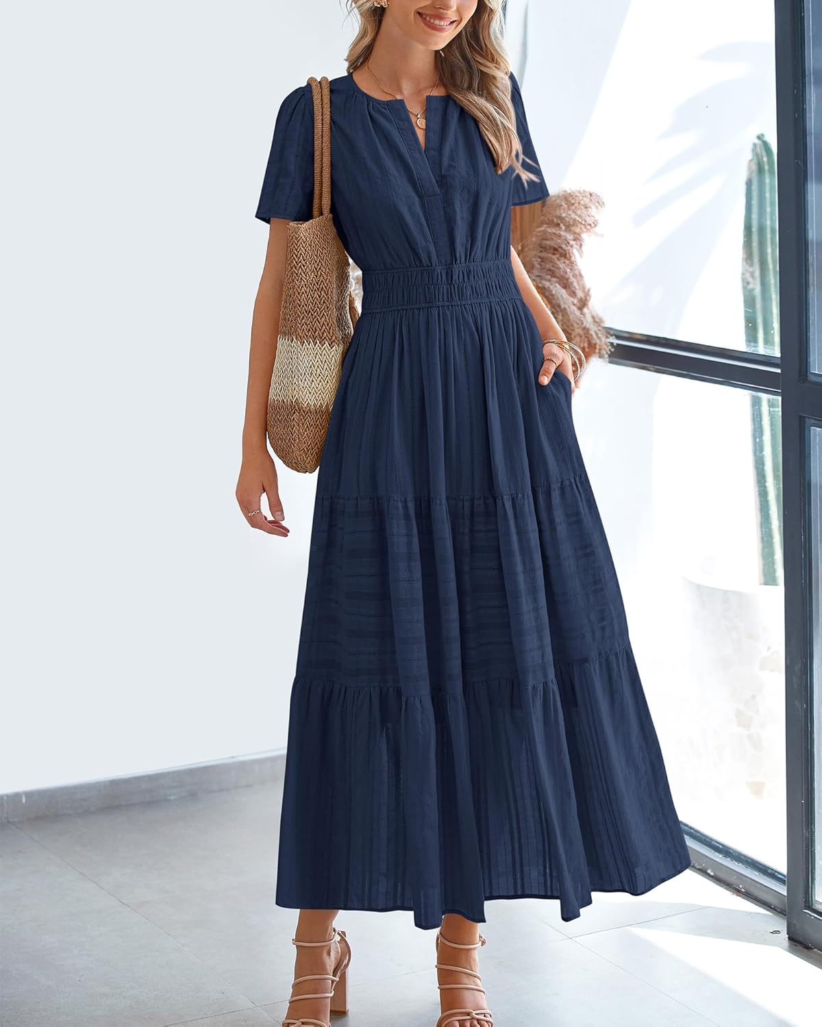 Womens Summer Casual Midi Maxi Dresses Lightweight Short Sleeve V Neck Elastic Waist Boho Beach Dress Pockets - Image 2