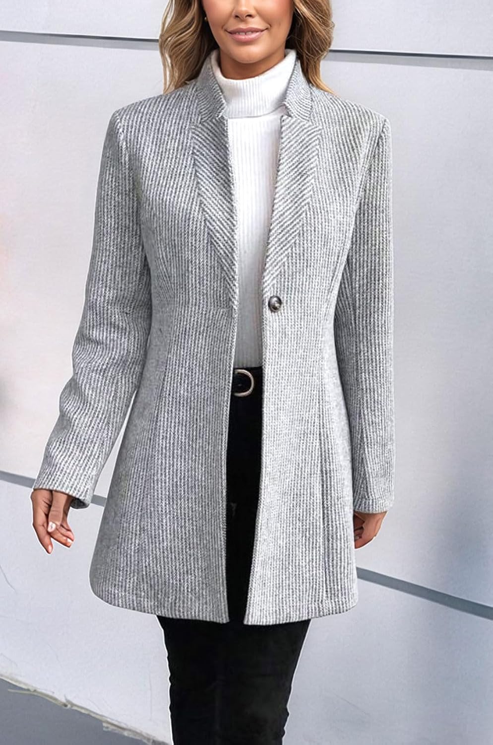 Womens Long Sleeve Casual Wool Jacket Blazer 1 Button Winter Coat Mid-Long Stand Collar Open Front Overcoat - Image 2