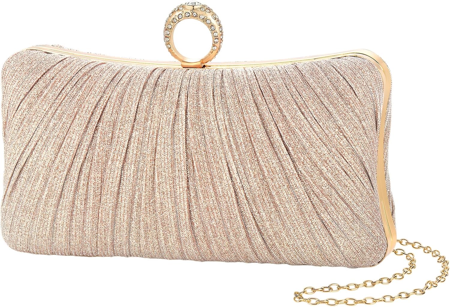 Womens Golden Glitter Clutch Purse Pleated Evening Bag for Bridal Wedding Party with Rhinestone Ring