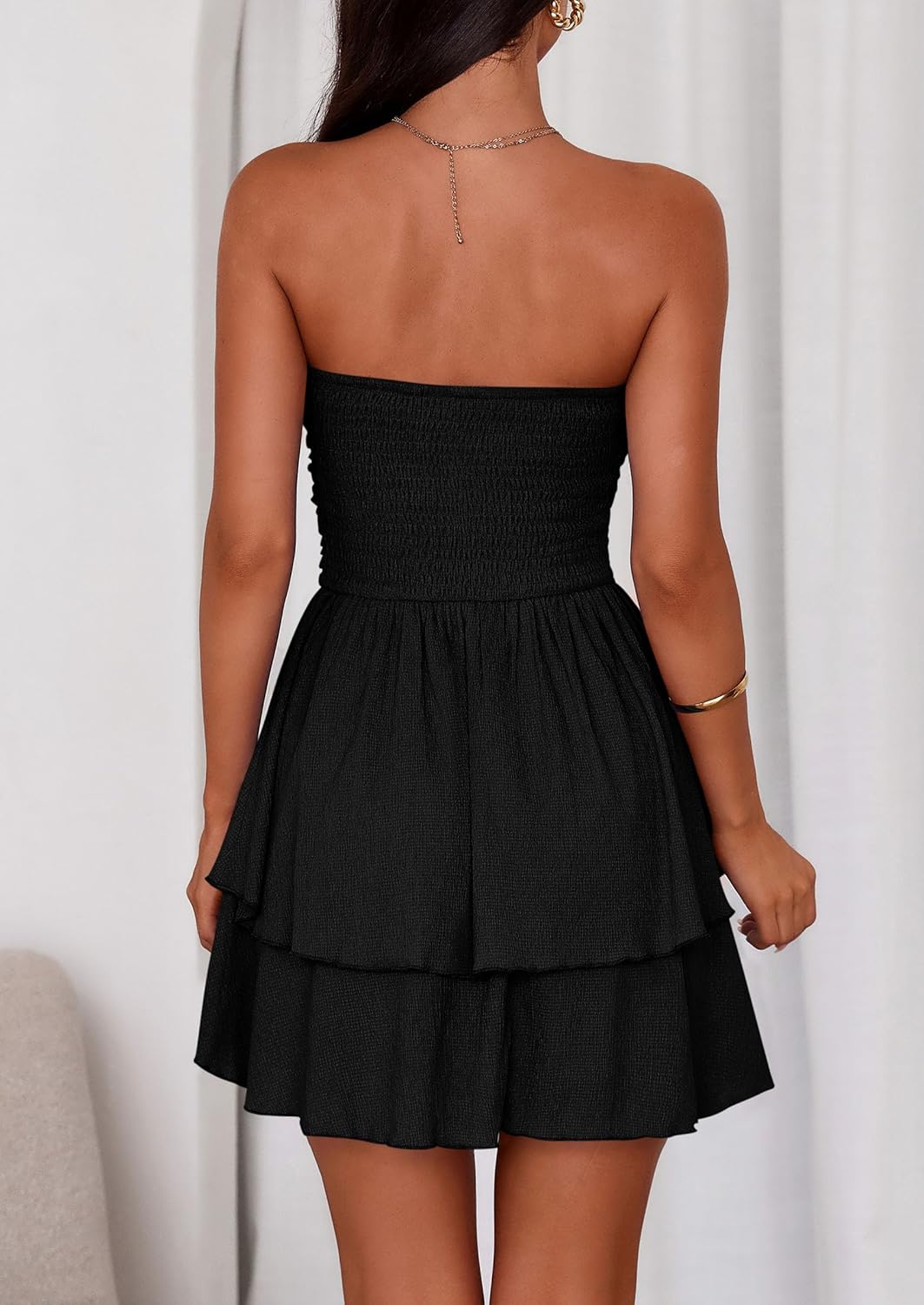 Women's Summer Strapless Tube Mini Dress Off Shoulder Smocked Ruffle A Line Flowy Short Party Club Dresses - Image 2