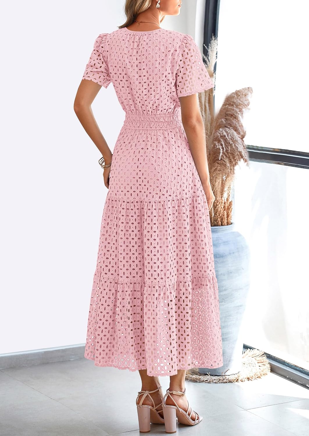 Womens Summer Maxi Dress Short Sleeve V Neck Hollow Out Eyelet A Line Long Flowy Beach Vacation Dresses - Image 2