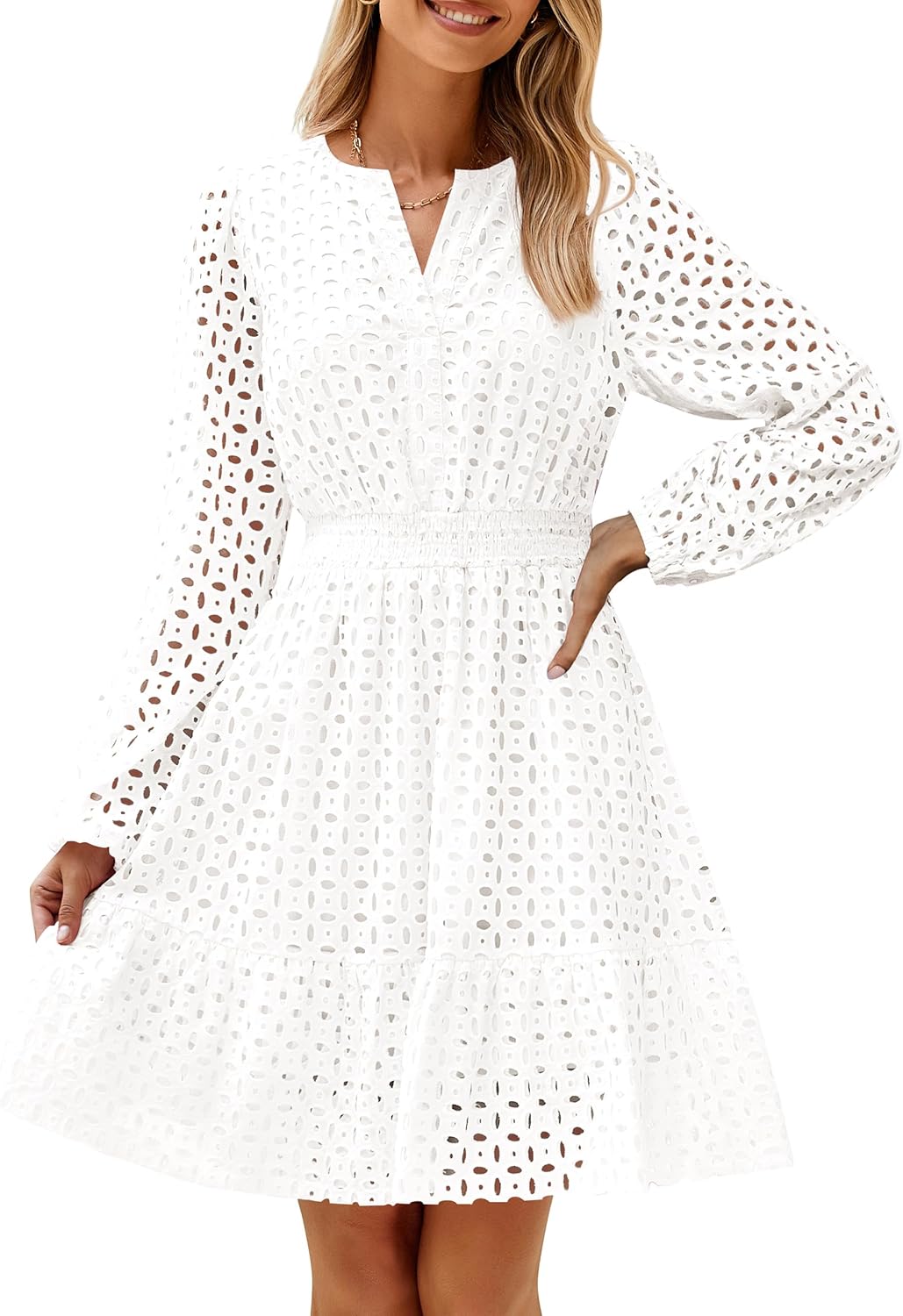 Women's Long Sleeve Mini Dress Fall V Neck Hollow Out Eyelet Embroidery Ruffle A Line Swing Short Dresses