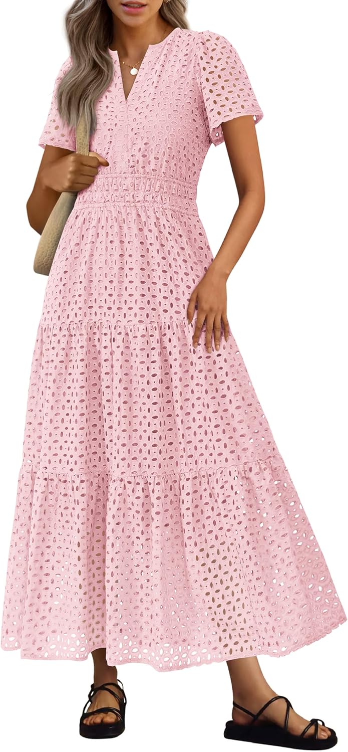 Womens Summer Maxi Dress Short Sleeve V Neck Hollow Out Eyelet A Line Long Flowy Beach Vacation Dresses