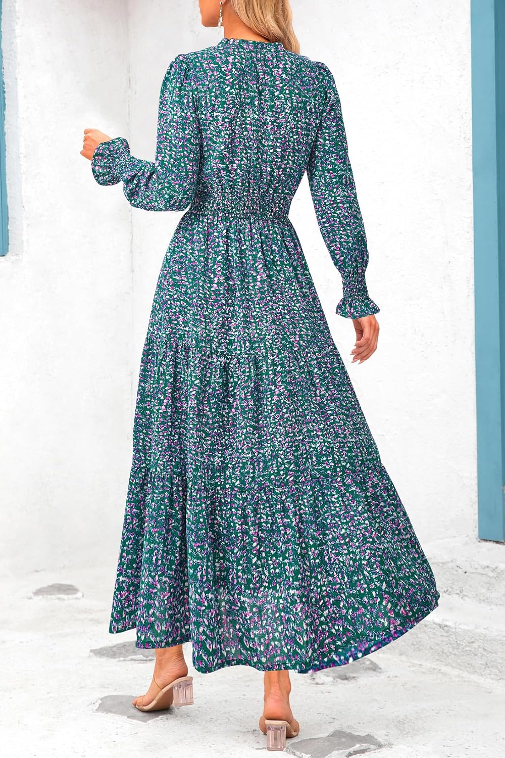 Women's Floral Maxi Dress Fall Long Sleeve V Neck A Line Long Flowy Spring Party Boho Dresses - Image 2