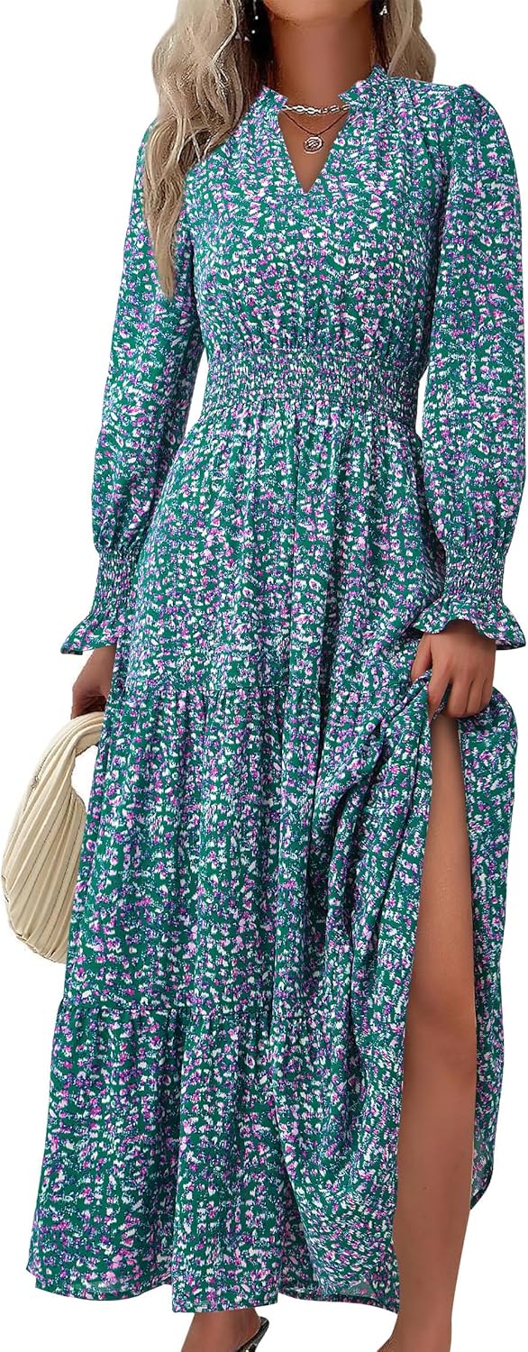 Women's Floral Maxi Dress Fall Long Sleeve V Neck A Line Long Flowy Spring Party Boho Dresses
